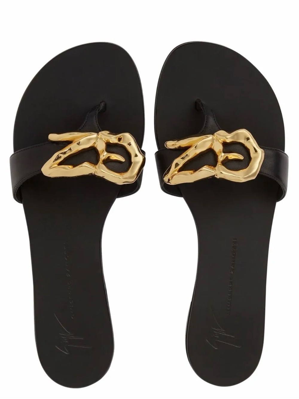 Giuseppe Zanotti Black Leather Slide Sandals with Gold Sculptural Hardware